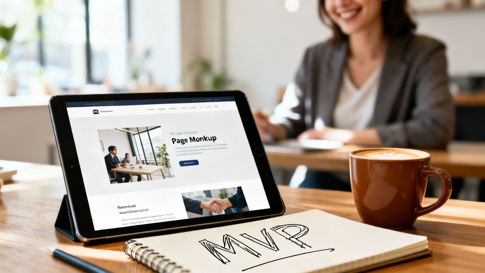 Smiling person viewing a page mockup on a tablet, with coffee and an 'MVP' notebook on a desk.