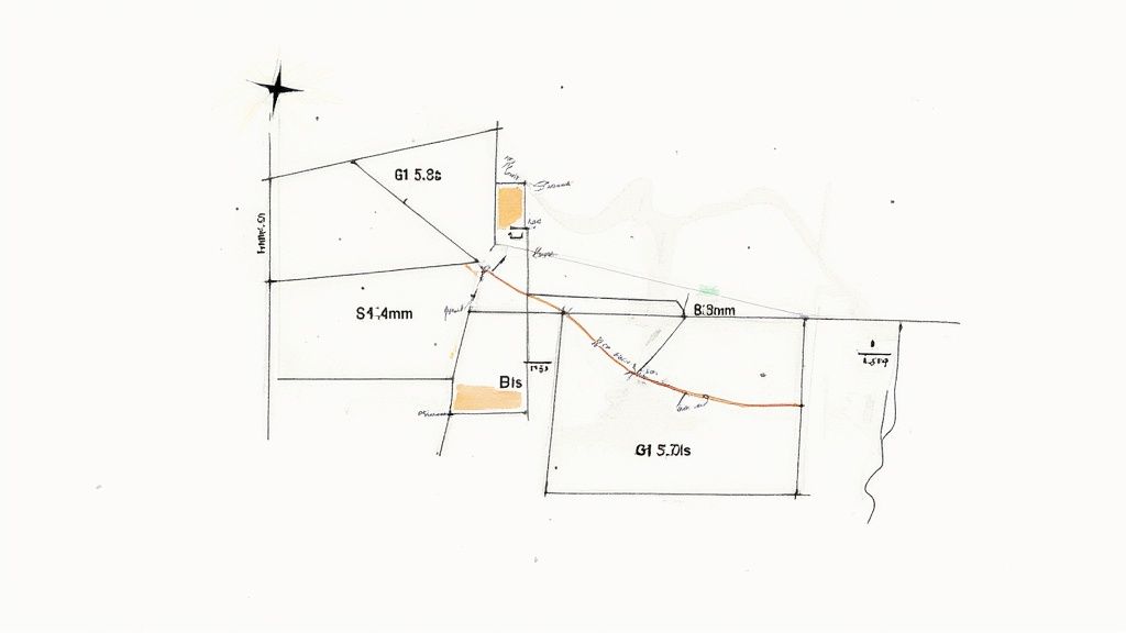 Hand-drawn cadastral map showing various land parcels with labels and a compass rose.