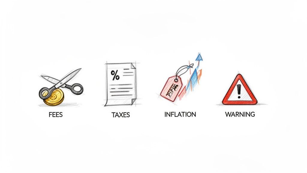 Four hand-drawn icons representing financial concepts: fees, taxes, inflation, and a general warning sign.