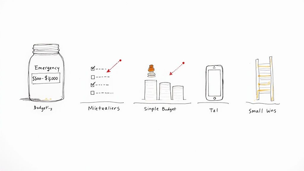 Sketches depicting financial concepts: emergency fund, checklist, simple budget with coins, phone, and ladder for small wins.