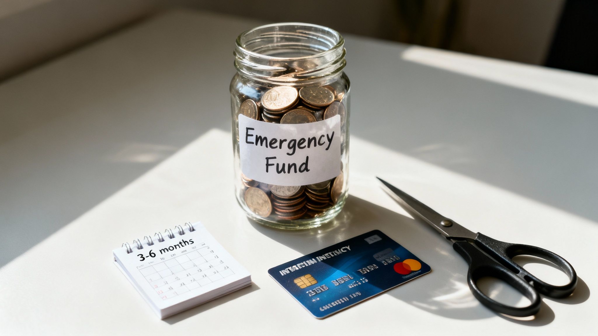A glass jar filled with coins labeled "Emergency Fund" next to a credit card, scissors, and a calendar showing "3-6 months".