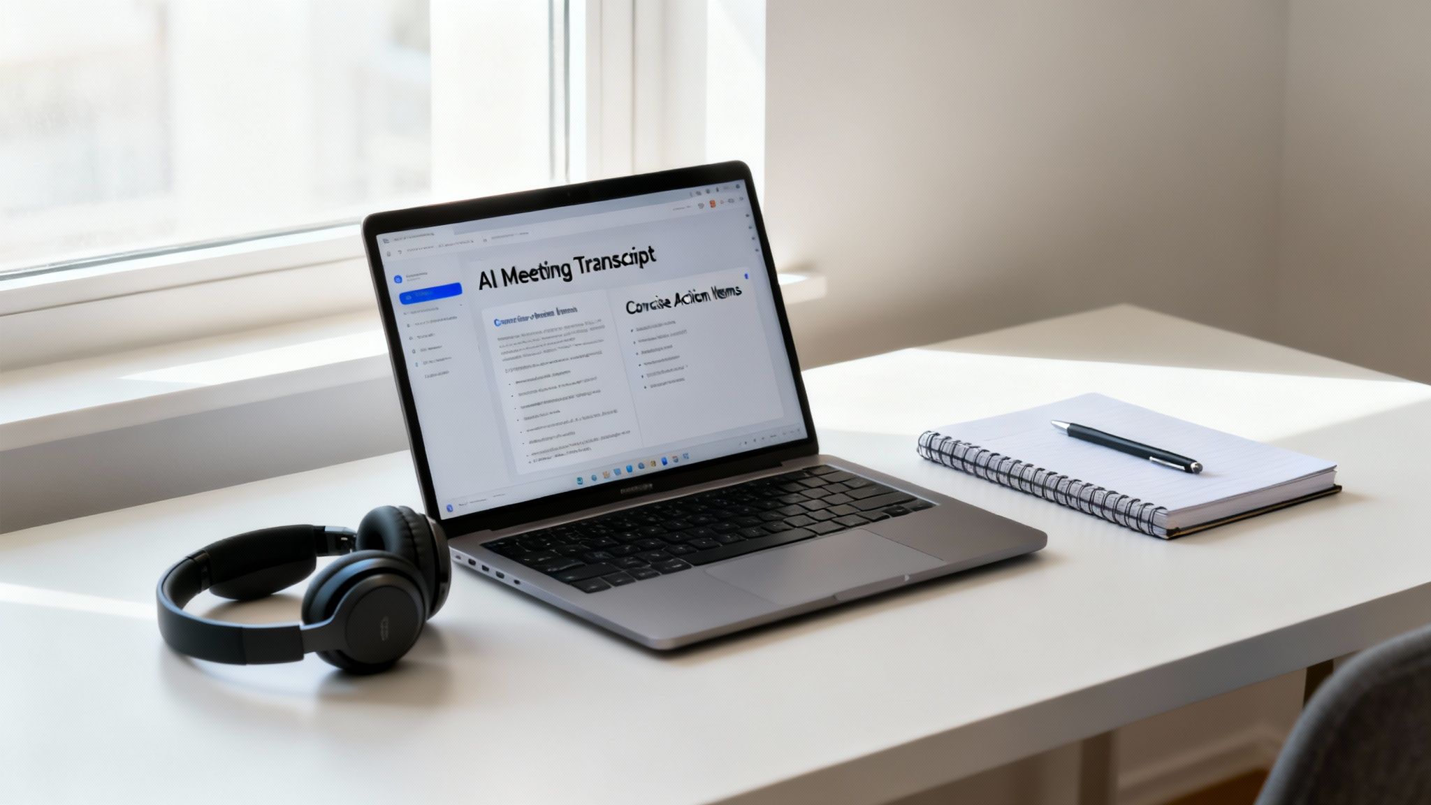 A laptop displays an AI meeting transcript on a white desk with headphones, a notebook, and a pen.