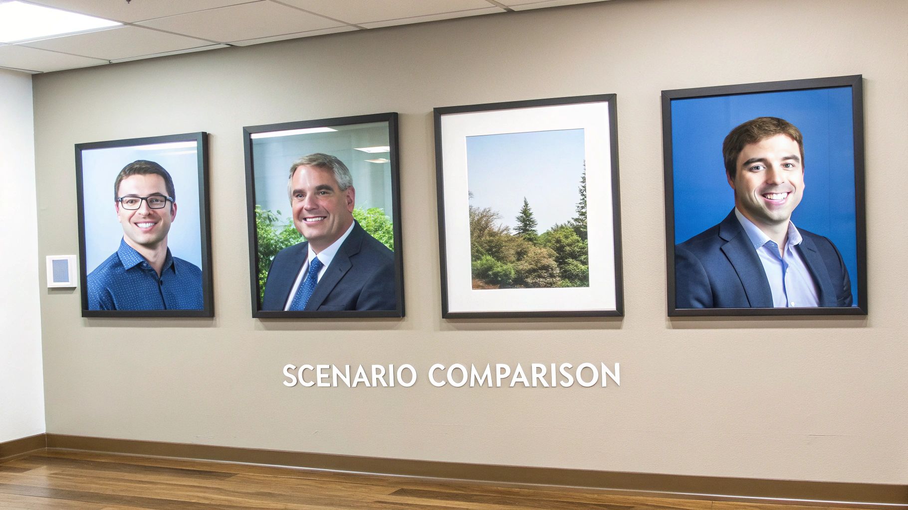 Four framed images on a wall, including portraits of smiling men and a landscape, with 'SCENARIO COMPARISON' text.