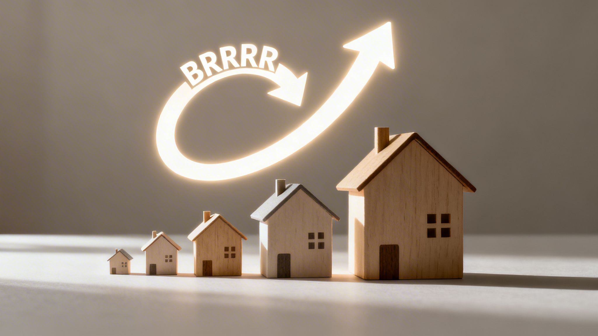 Five wooden house models increasing in size, with a glowing BRRRR arrow above, illustrating real estate investment growth.