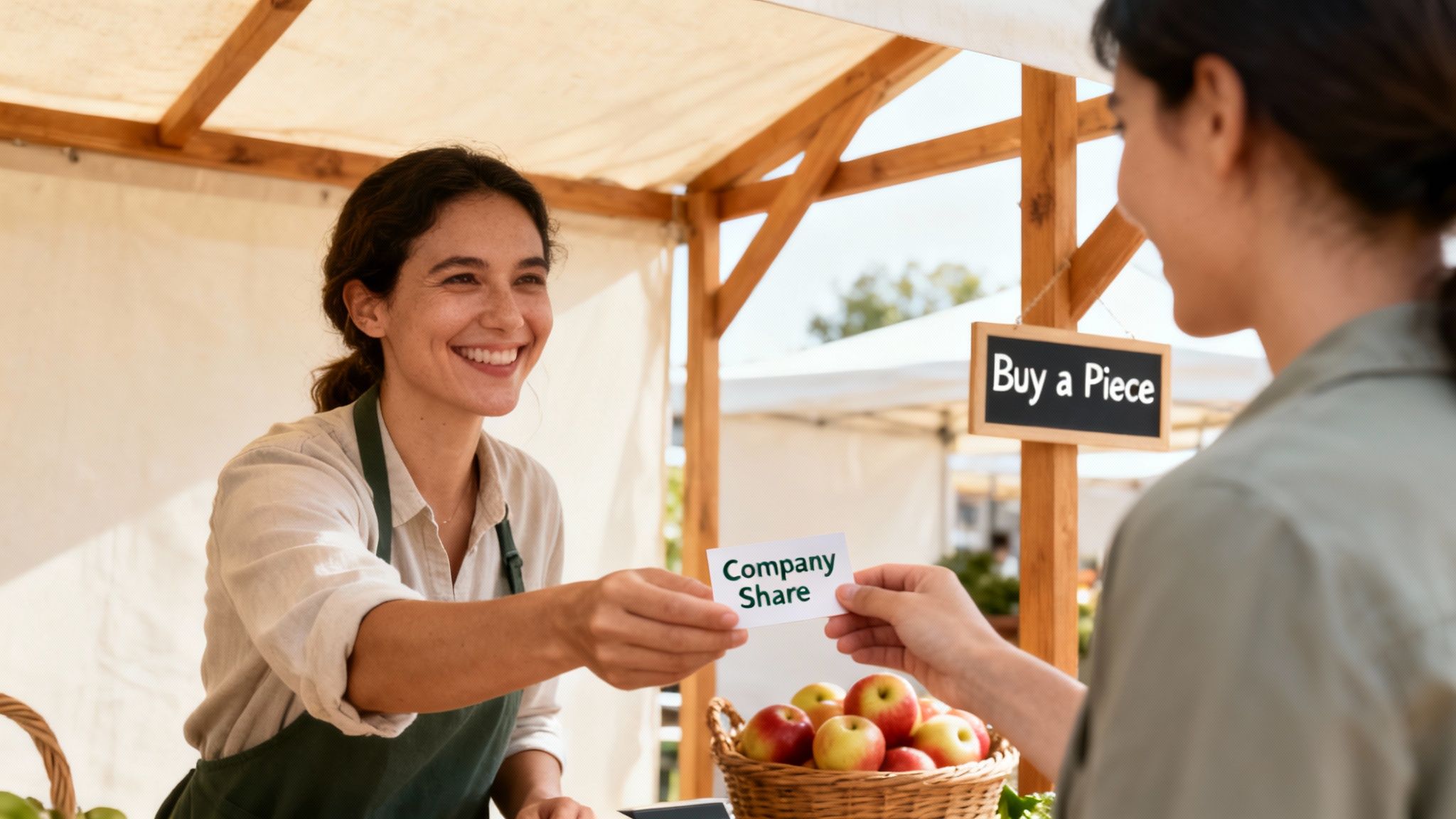 A smiling vendor in an apron hands a 'Company Share' card to a customer at a market stall with apples.