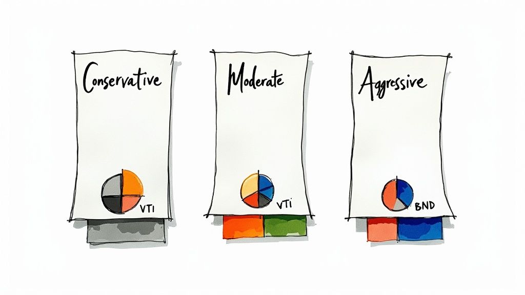 Three investment strategy categories: Conservative, Moderate, and Aggressive, each with a pie chart illustrating portfolio allocation.