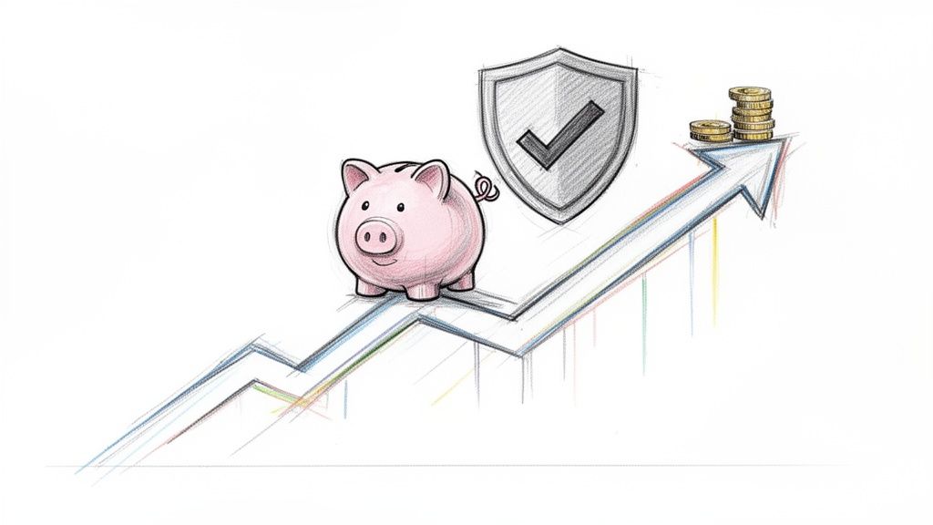 Piggy bank, shield with checkmark, and coins on an upward trending graph for safe financial growth.