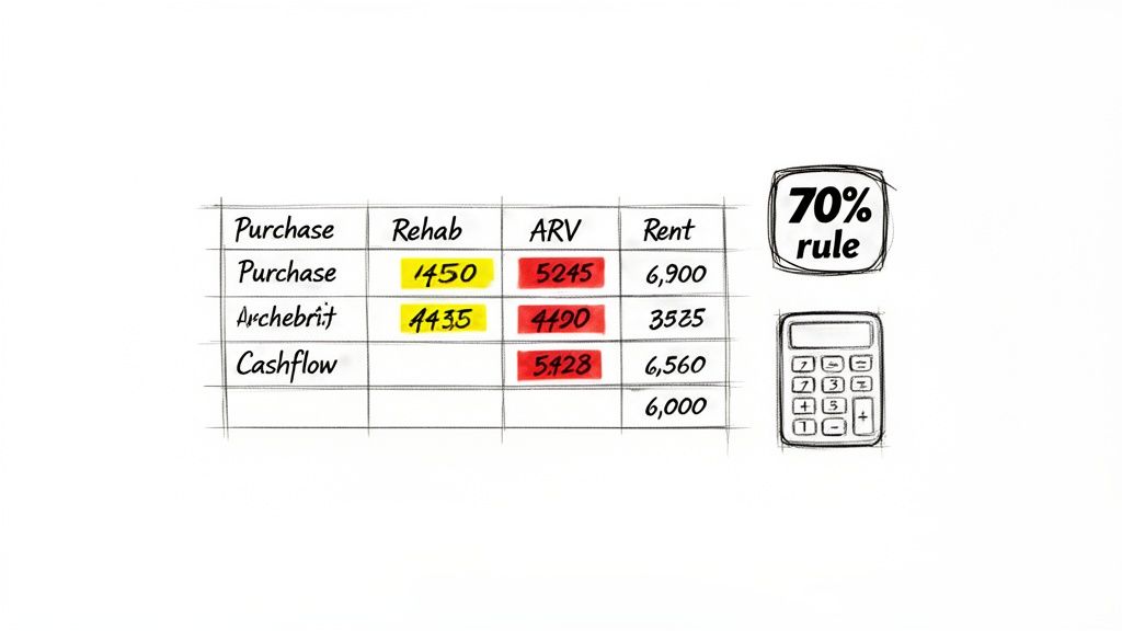 A handwritten table showing real estate rehab, ARV, and rent figures, along with a '70% rule' and calculator.