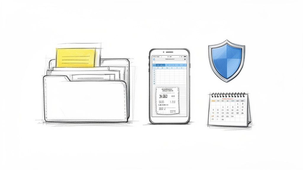 A sketch illustrating digital document management, mobile spreadsheet, data security, and scheduling tools.