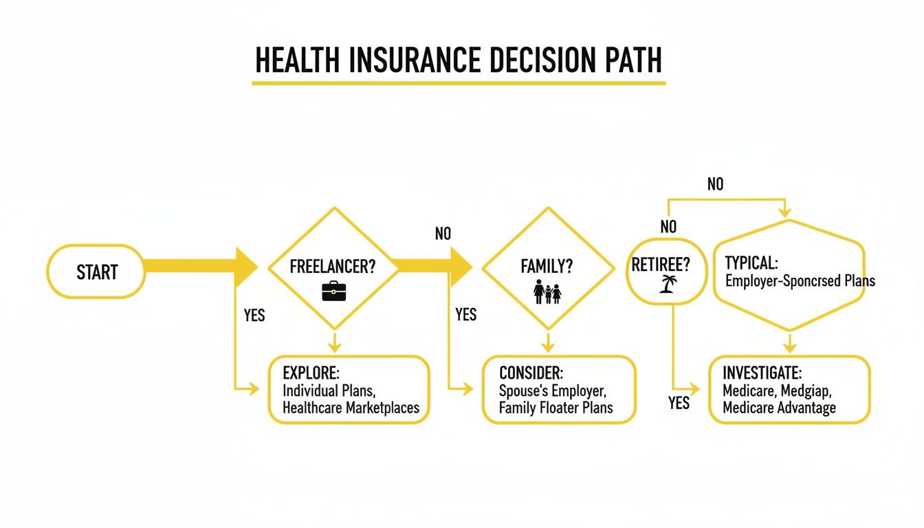 A flowchart detailing a health insurance decision path based on freelance, family, and retiree status.