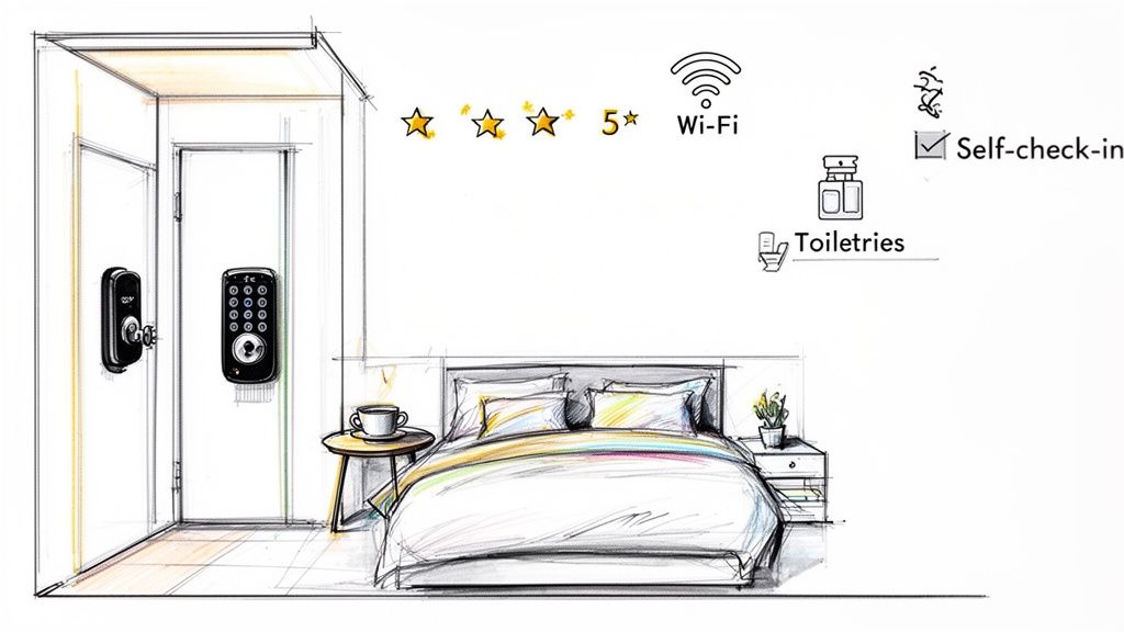 Sketch of a modern room with smart lock, 5-star rating, Wi-Fi, toiletries, and self-check-in features.