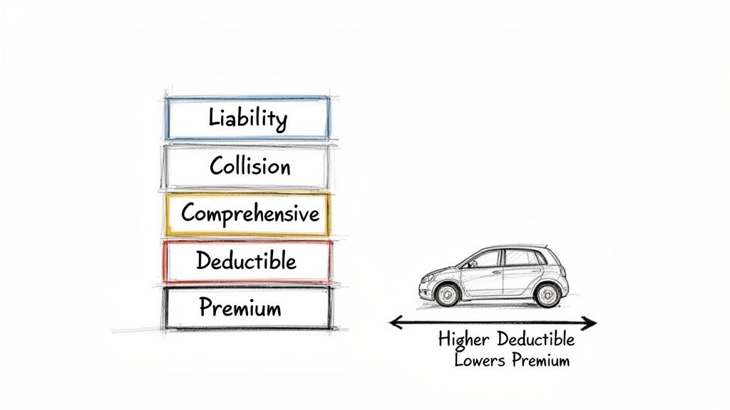 Car insurance diagram showing Liability, Collision, Comprehensive, Deductible, and Premium, illustrating how a higher deductible lowers the premium.