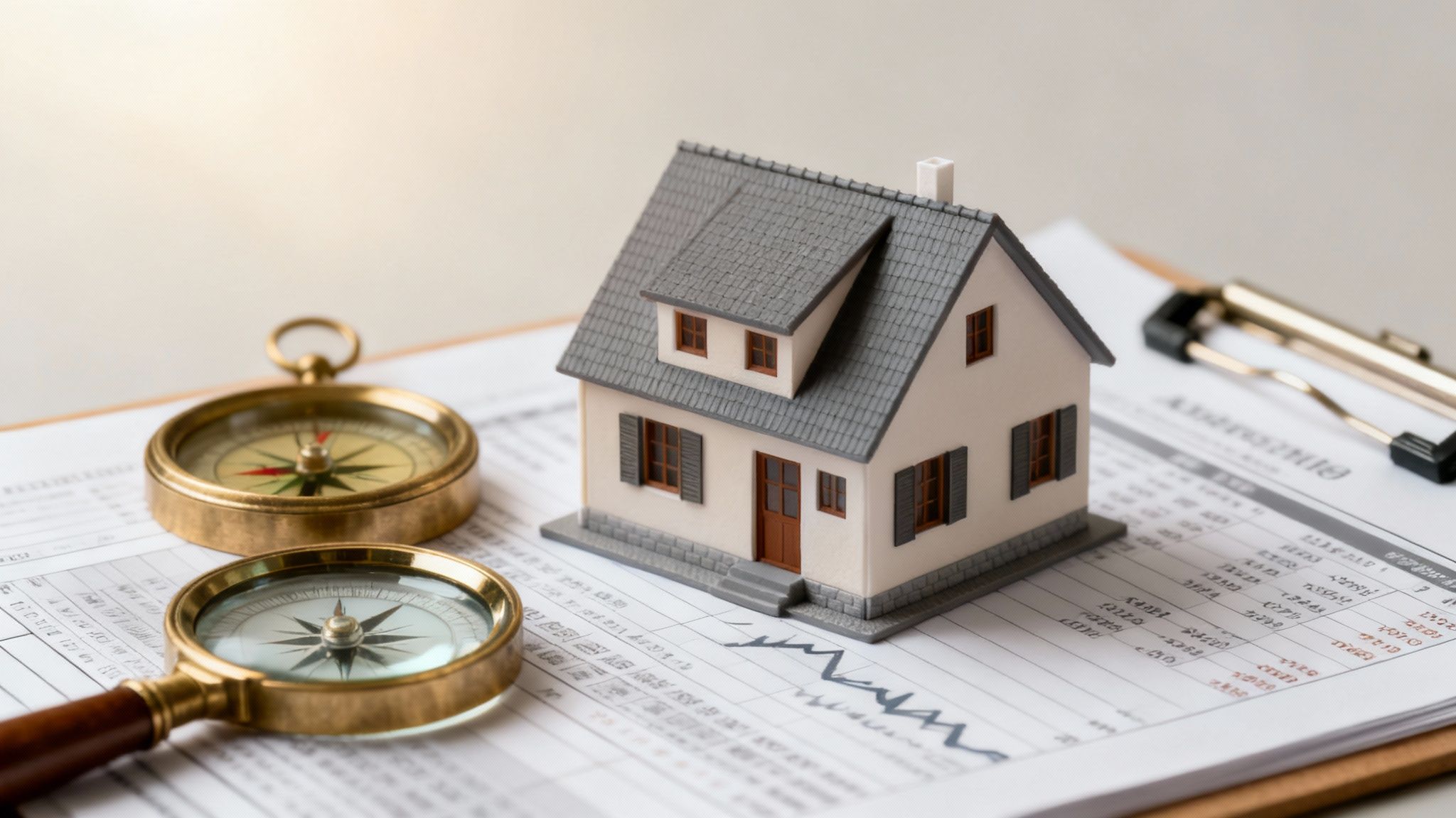 A miniature house model, two antique compasses, and financial charts on a clipboard, symbolizing property valuation and investment analysis.