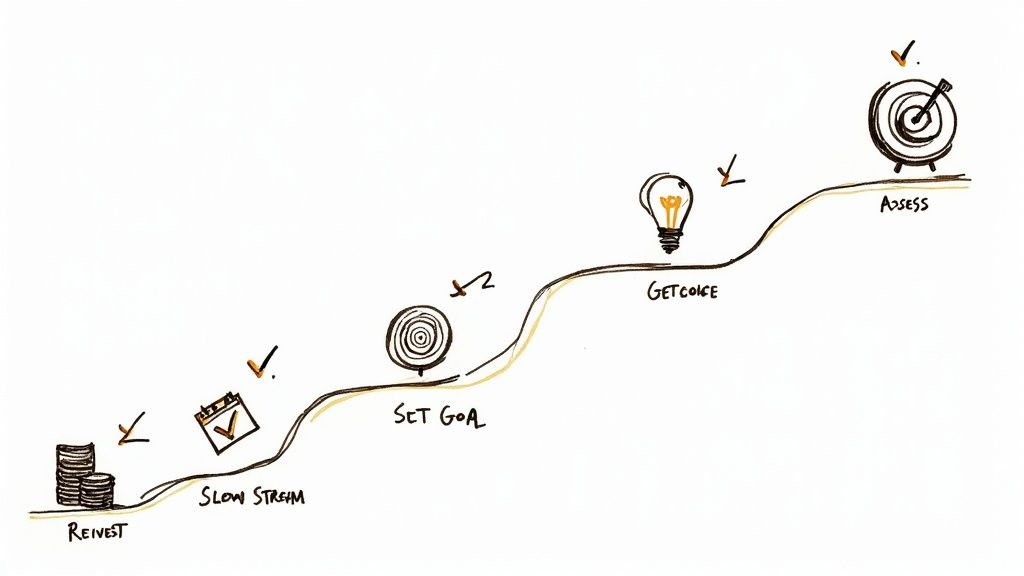 Diagram outlining five steps of a financial growth process, from reinvestment to assessment.