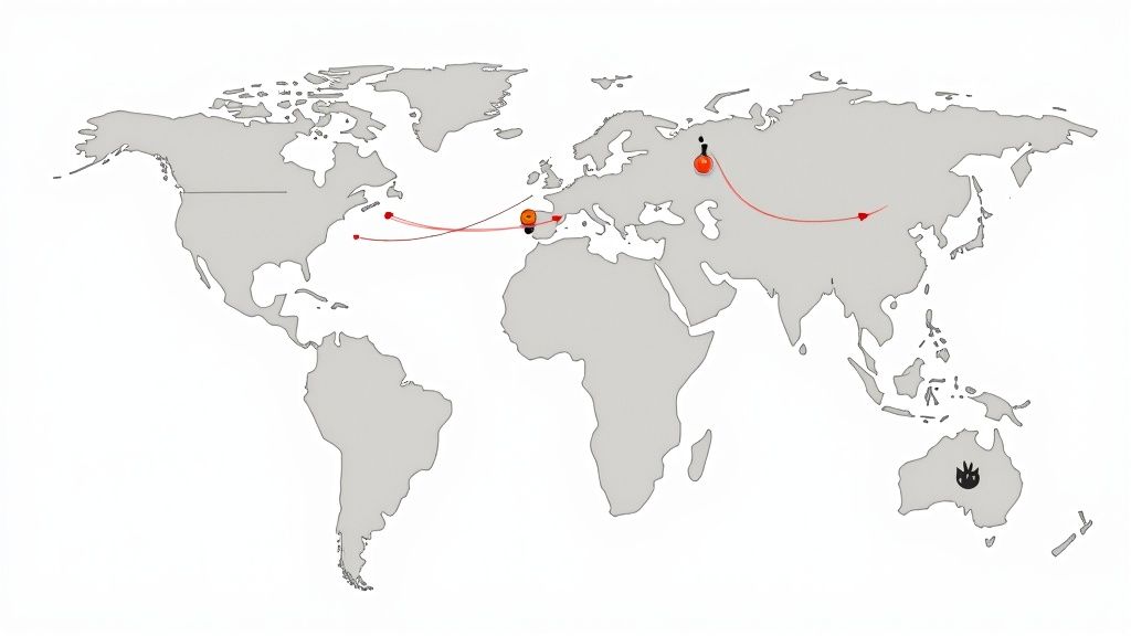World map illustrating global connections with a person, a lightbulb, and fire icons linked by red paths.
