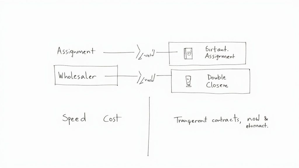 A crossroads sign with arrows pointing to 'Assignment' and 'Double Close', symbolizing the choice between wholesale exit strategies.