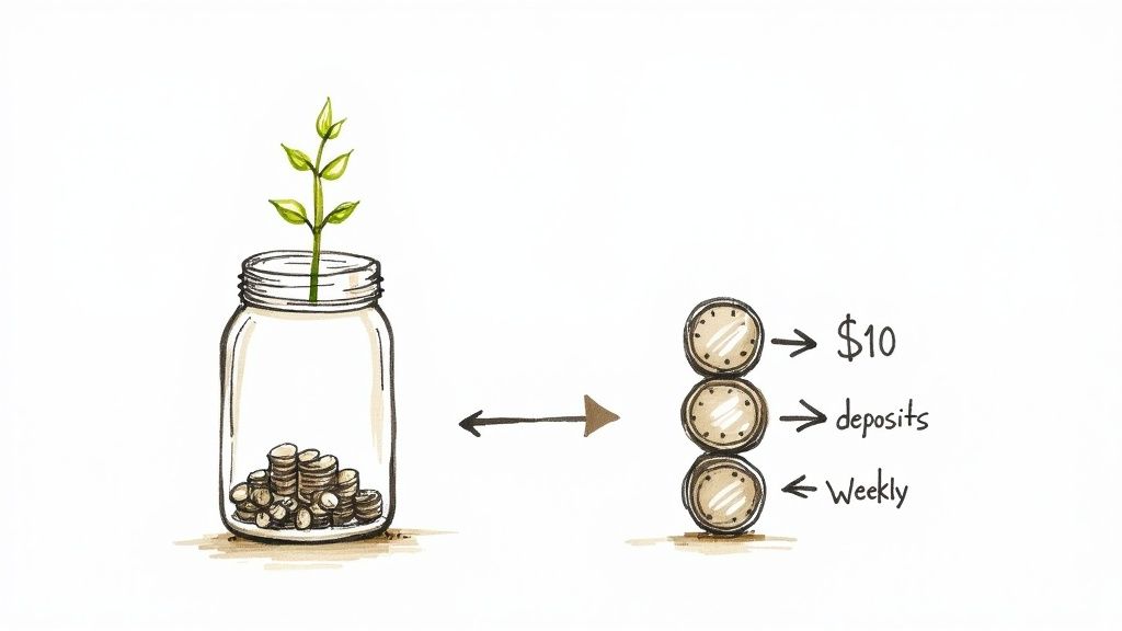 A drawing of a jar with coins and a plant growing, representing weekly $10 deposits growing wealth.