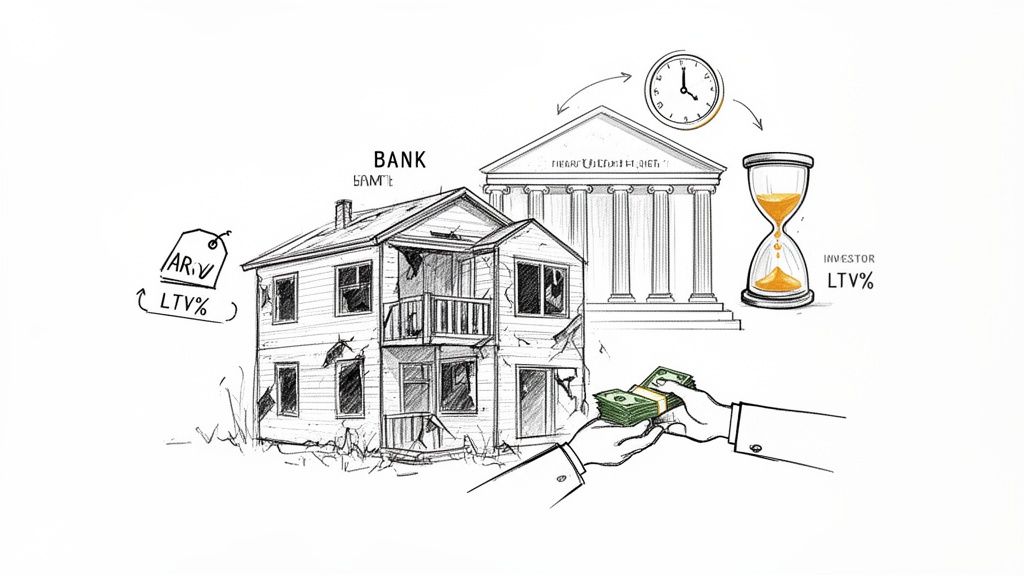 A sketch illustrating a hard money loan process with a distressed house, bank, investor, money, and time.