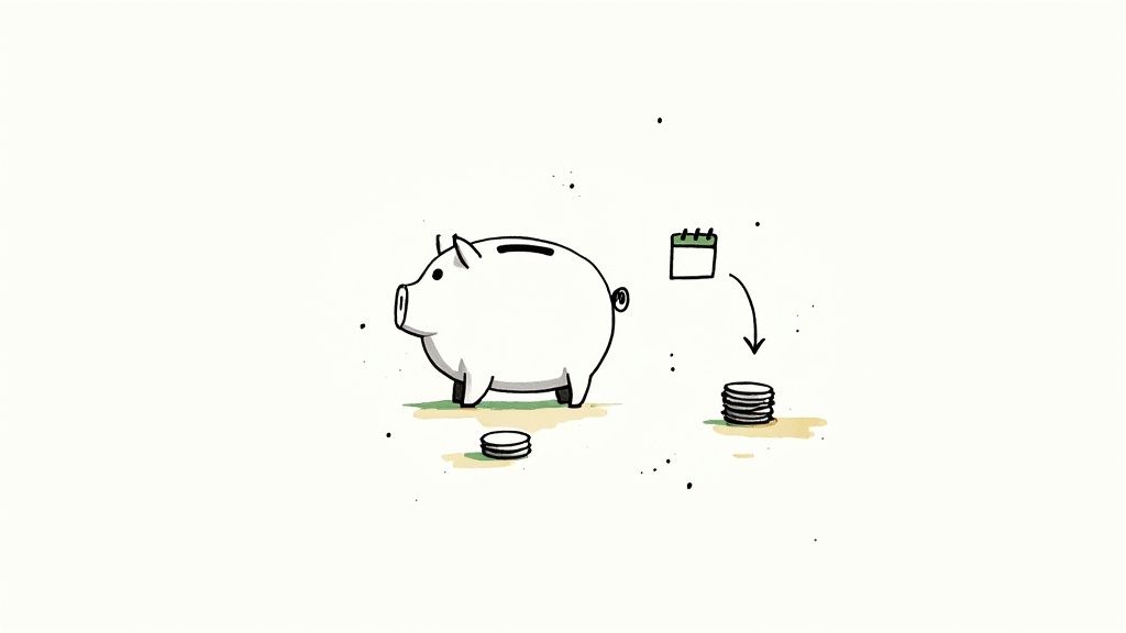 An illustration of a piggy bank, a calendar, and coins, symbolizing regular savings and financial planning.