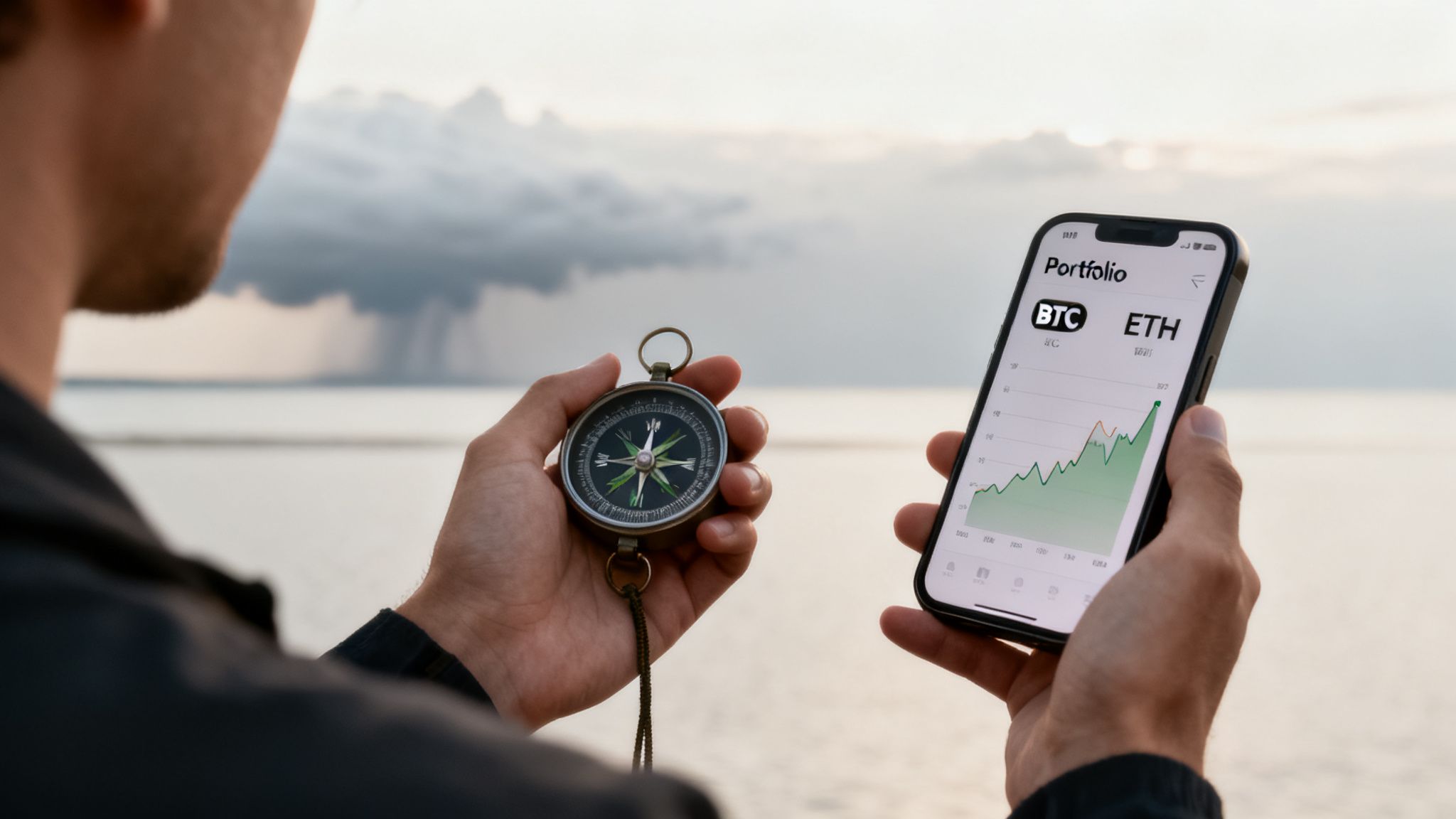 A person holds a compass and a smartphone displaying a rising cryptocurrency portfolio, symbolizing financial direction.