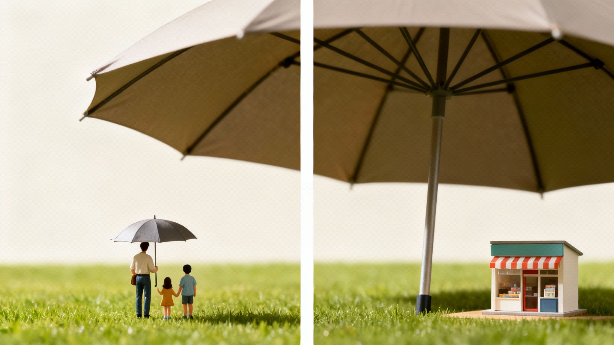 Miniature scene depicting a family and a small business protected by large umbrellas on green grass.