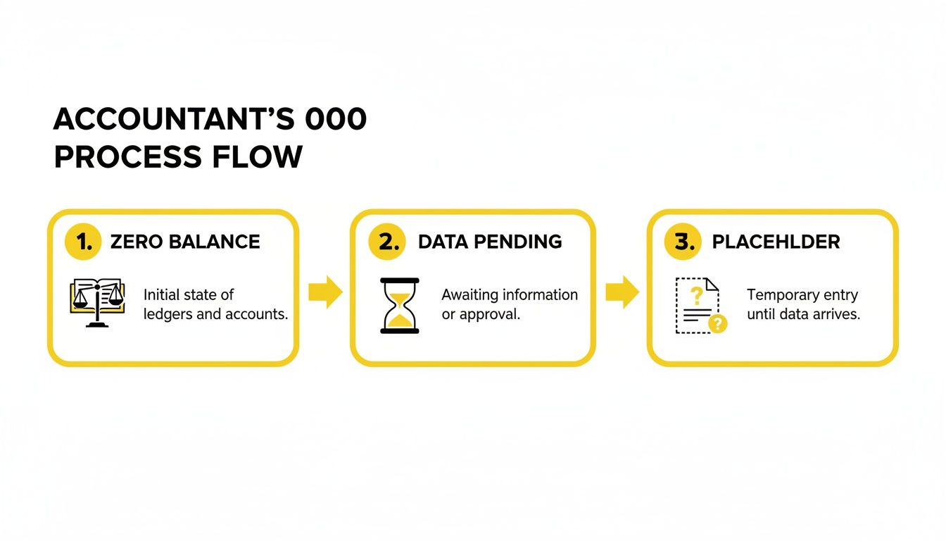 Accountant's process flow illustrating steps for zero balance, data pending, and placeholder entries.