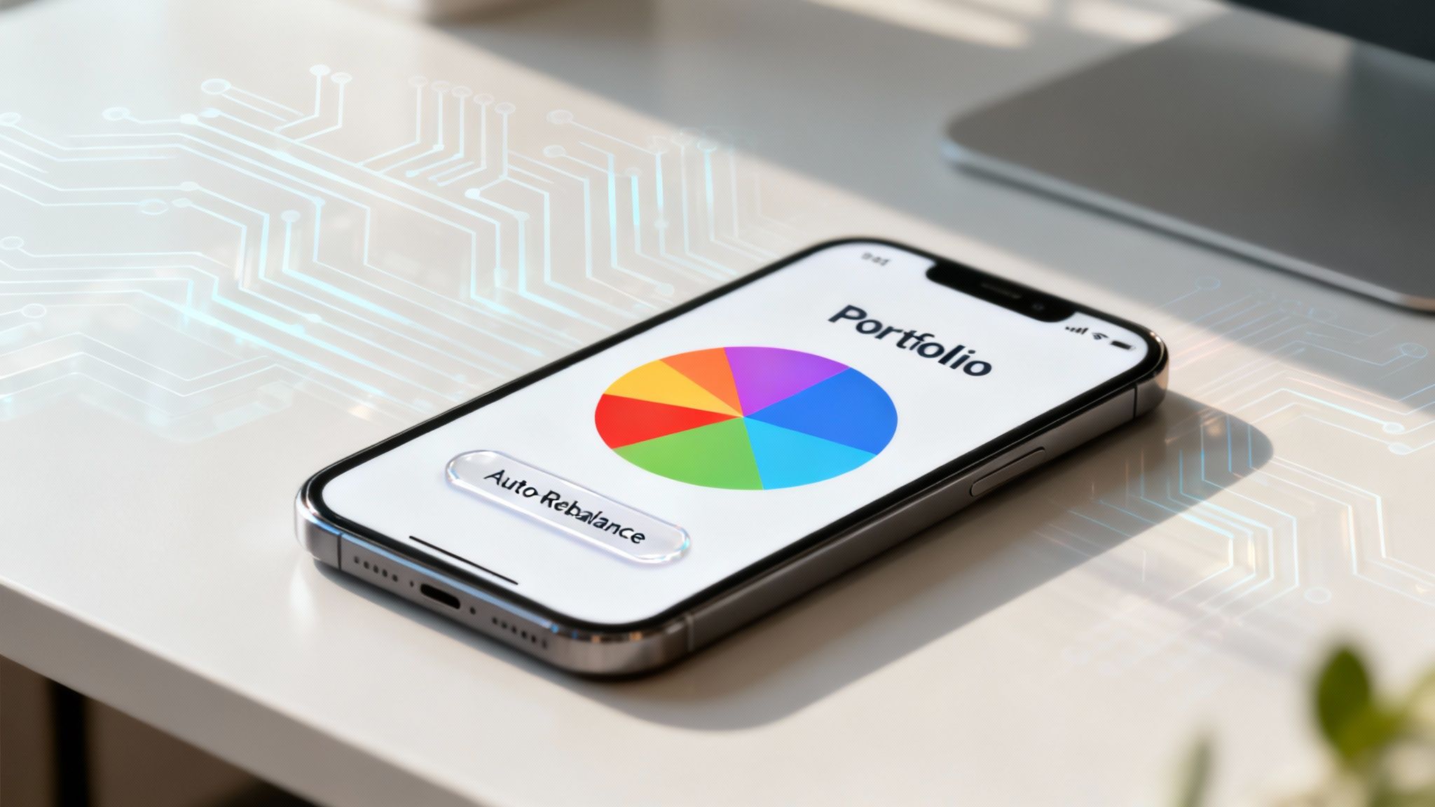 A smartphone displays an investment portfolio app with a colorful pie chart and 'Auto Rebalance' button on a tech desk.