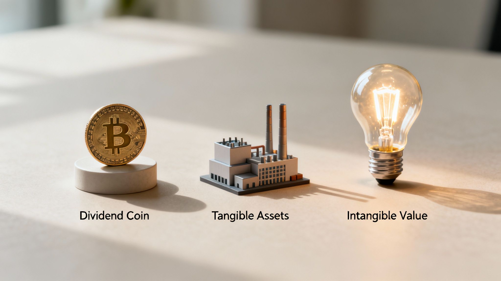 Three concepts of value: a Bitcoin coin (Dividend Coin), a factory (Tangible Assets), and a light bulb (Intangible Value).