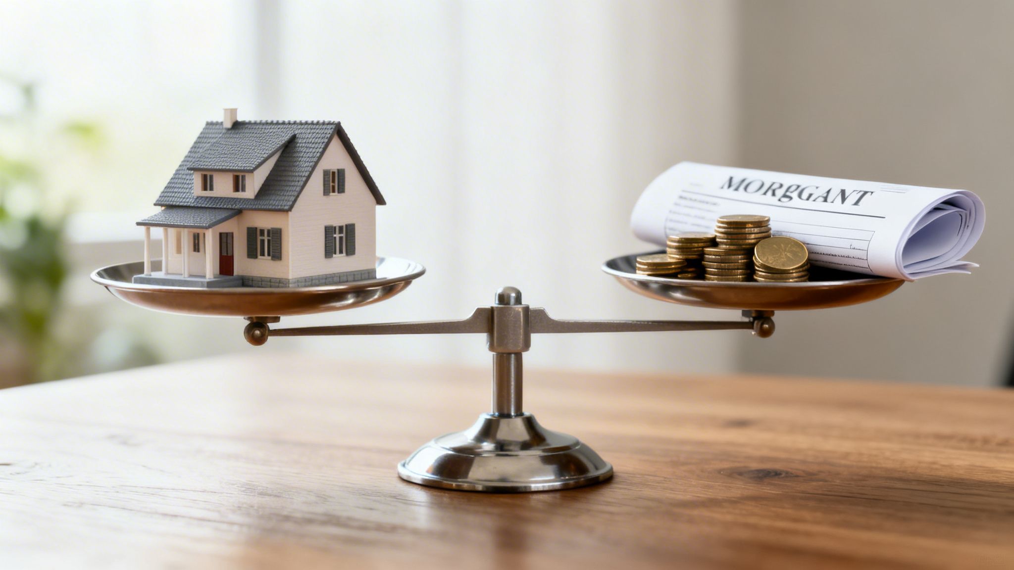 A model house balances against coins and a mortgage document on a scale, symbolizing real estate finance.
