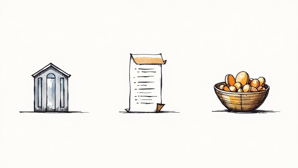 A diverse collection of financial icons like stocks, bonds, and funds neatly arranged within a clear container, symbolizing the assets within an investment account.