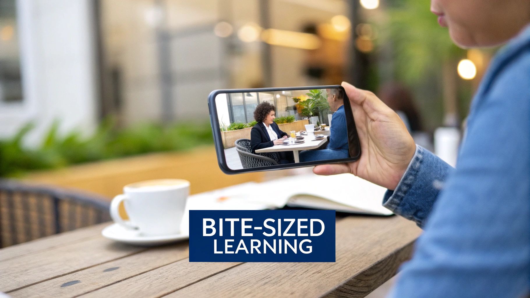 Person watching a bite-sized learning video on a smartphone at an outdoor cafe.