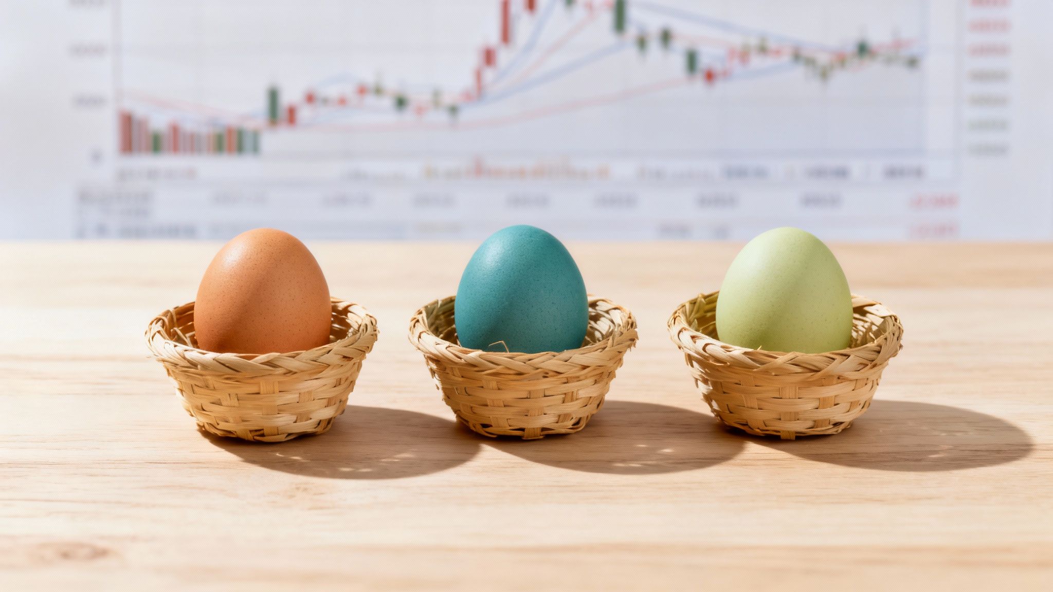 Three colorful eggs in baskets on a wooden table with a blurred financial chart in the background.