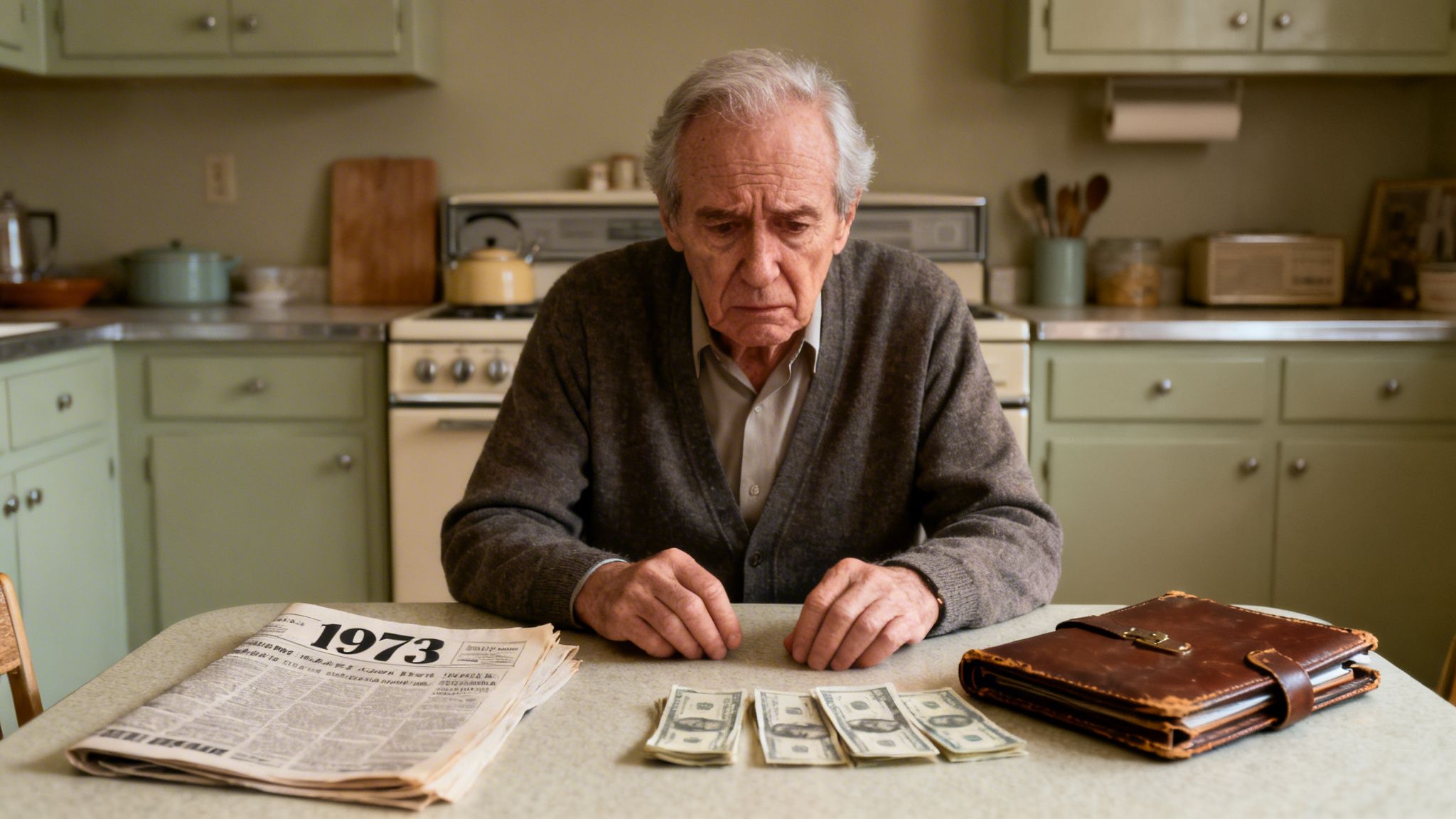 Elderly man sadly looking at stacks of money, a 1973 newspaper, and a financial journal.