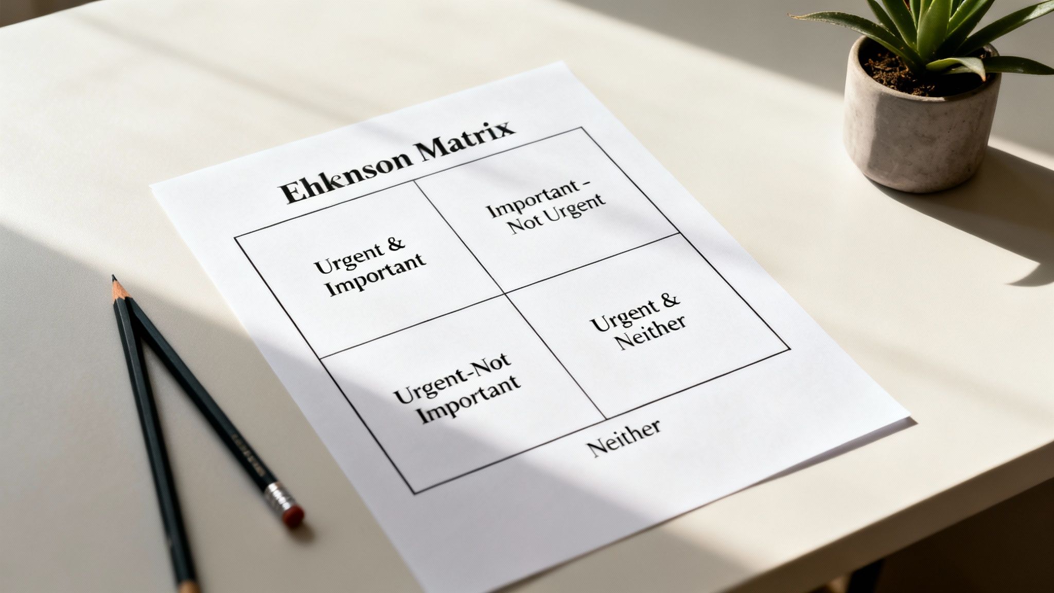 A time management priority matrix (Eisenhower Box) on a desk with pencils and a plant.