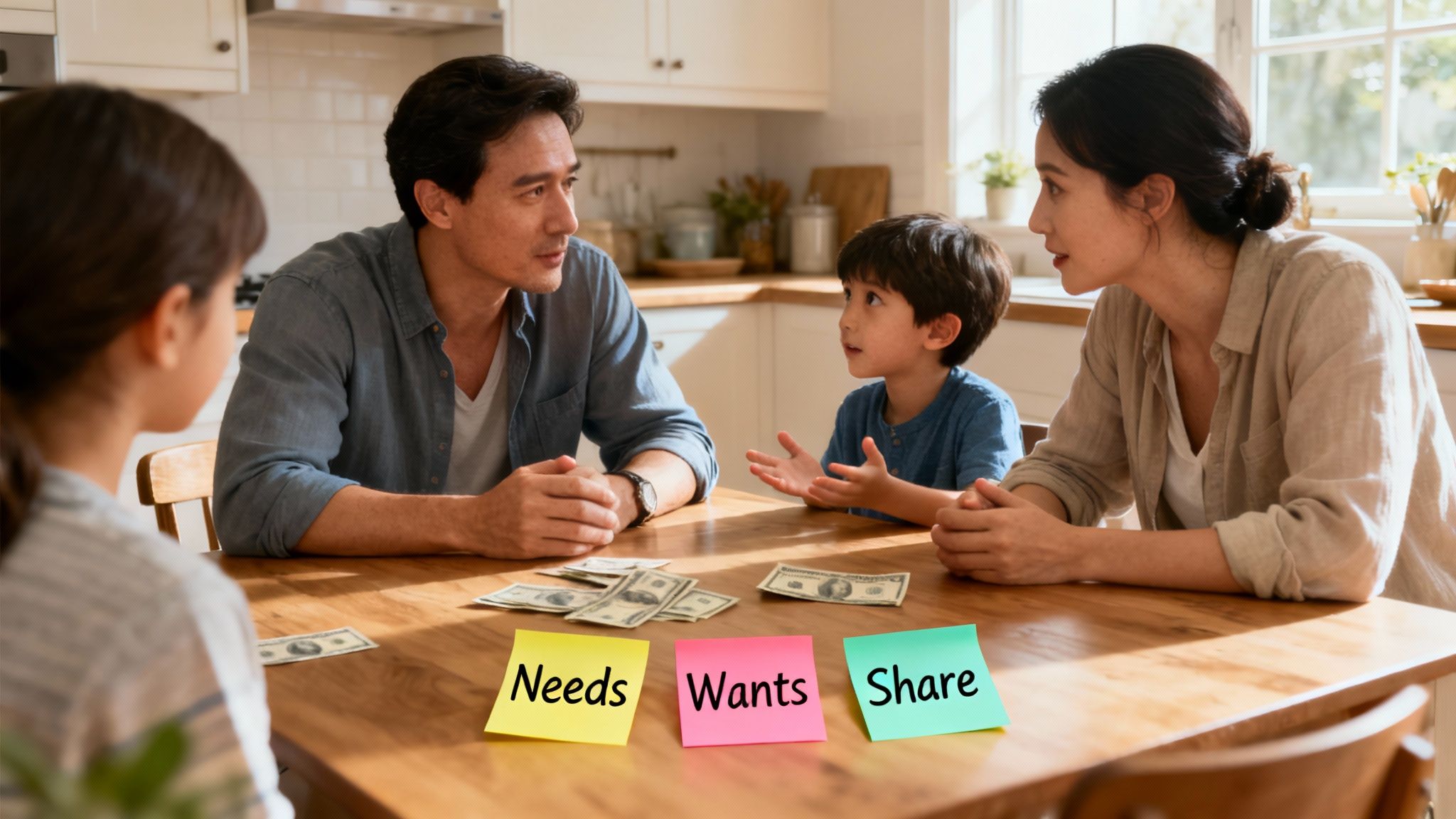 An Asian family discusses money with children at a table, using 'Needs,' 'Wants,' 'Share' sticky notes.