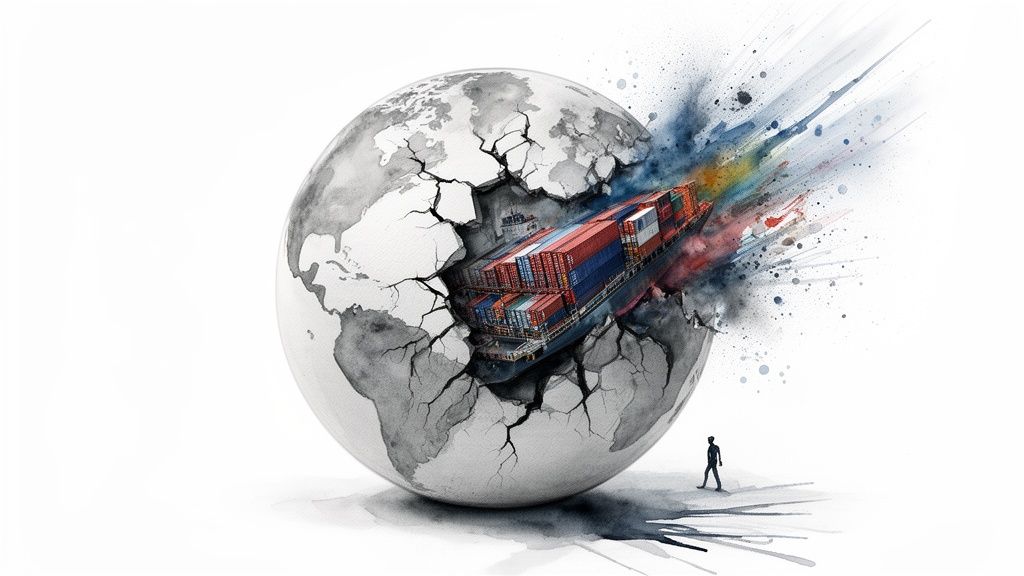 A watercolor illustration of a cracked globe with a container ship emerging, symbolizing global trade disruptions.