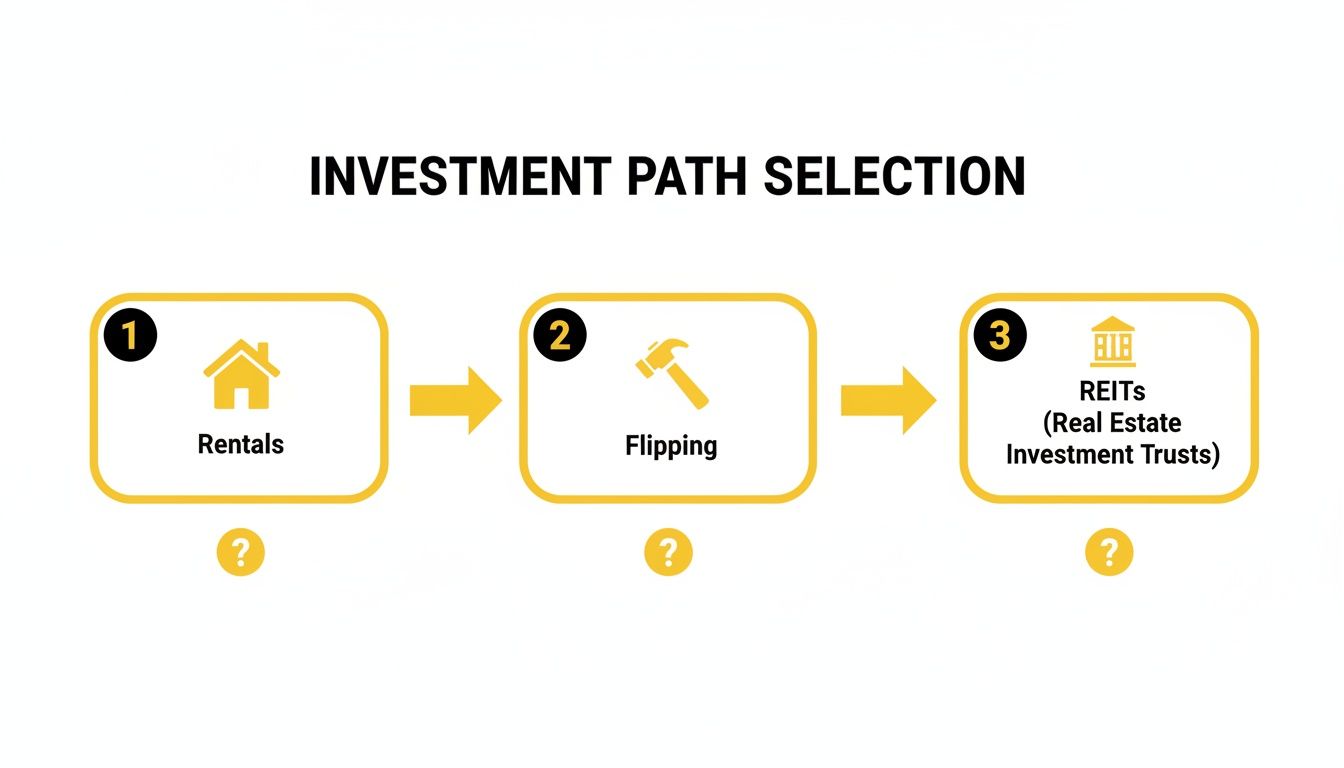 A flowchart illustrating three real estate investment paths: Rentals, Flipping, and REITs.
