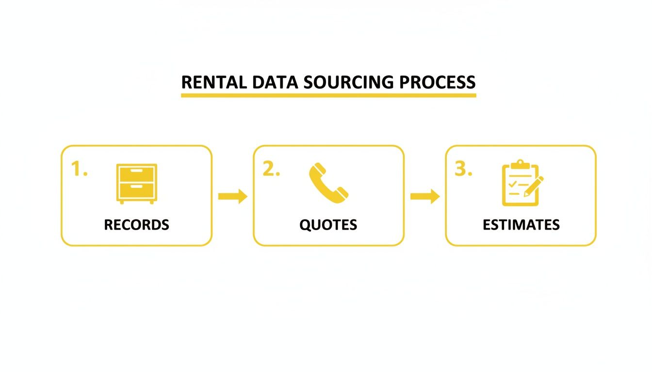 A three-step rental data sourcing process: 1. Records, 2. Quotes, and 3. Estimates are shown.