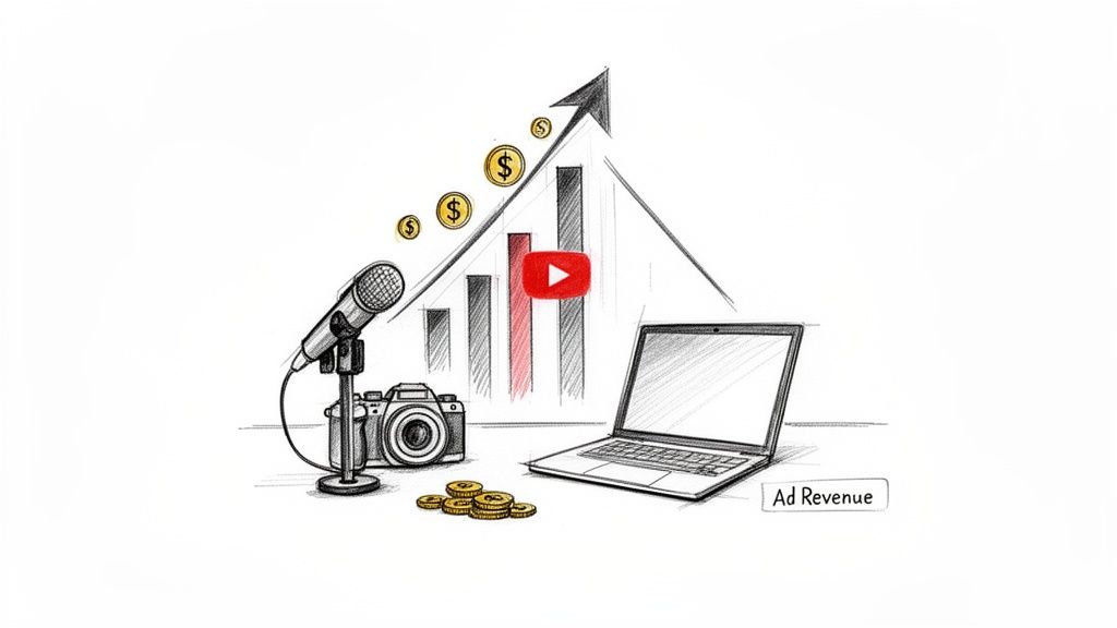 Sketch illustrating a microphone, camera, laptop, and rising graph with dollar signs and YouTube play button, representing ad revenue.