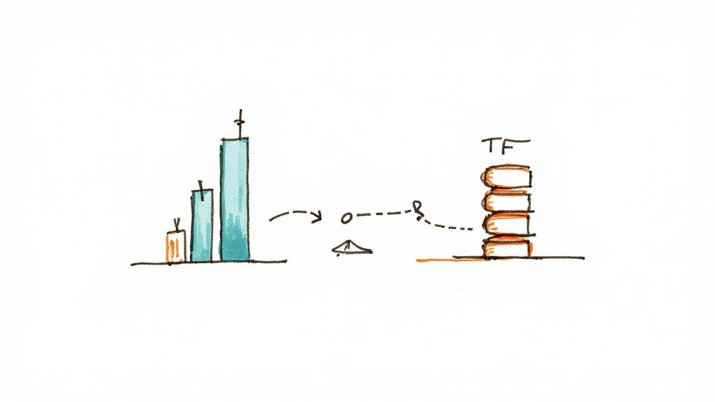 Diagram depicting growth, a transfer, and tax-related outcome represented by TF books.