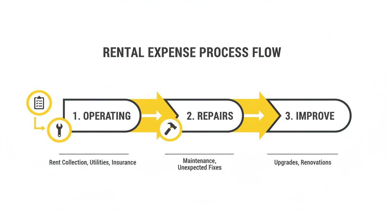 A rental expense process flow diagram showing operating, repairs, and improvement stages with examples.