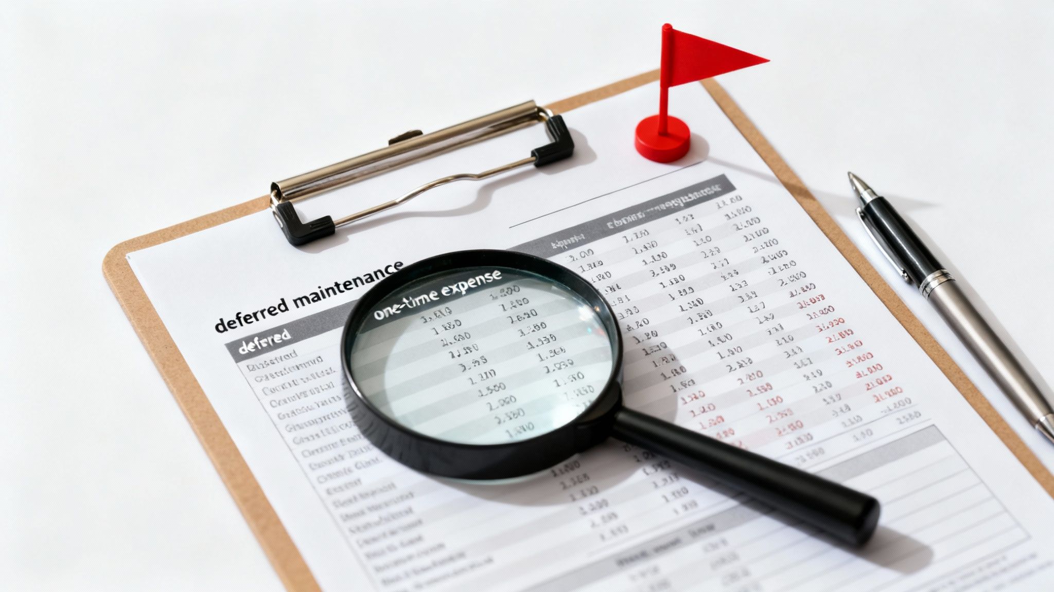 A magnifying glass on a financial document detailing deferred maintenance and one-time expenses, with a red flag and pen.
