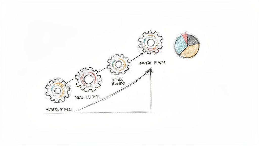 Hand-drawn illustration showing investment strategy with gears for Alternatives, Real Estate, Index Funds leading to a diversified pie chart.