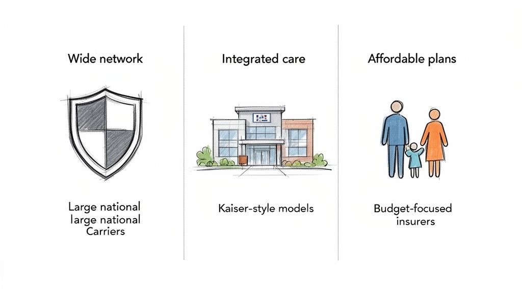 Diagram illustrating three health insurance models: Wide network with a shield, Integrated care with a building, and Affordable plans with a family icon.