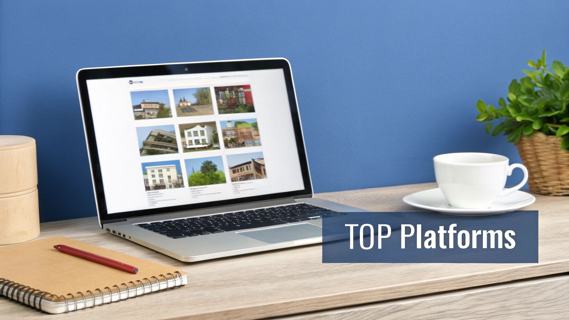 Laptop displaying real estate properties on a wooden desk with a coffee cup and plant.