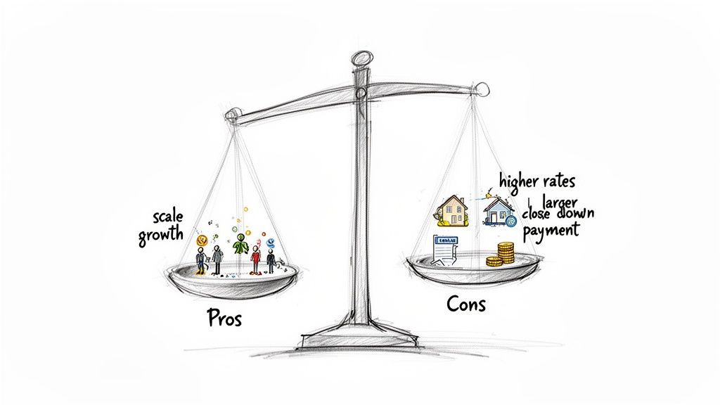 A weighing scale illustrating pros (scale growth) and cons (higher rates, larger down payment, housing costs).