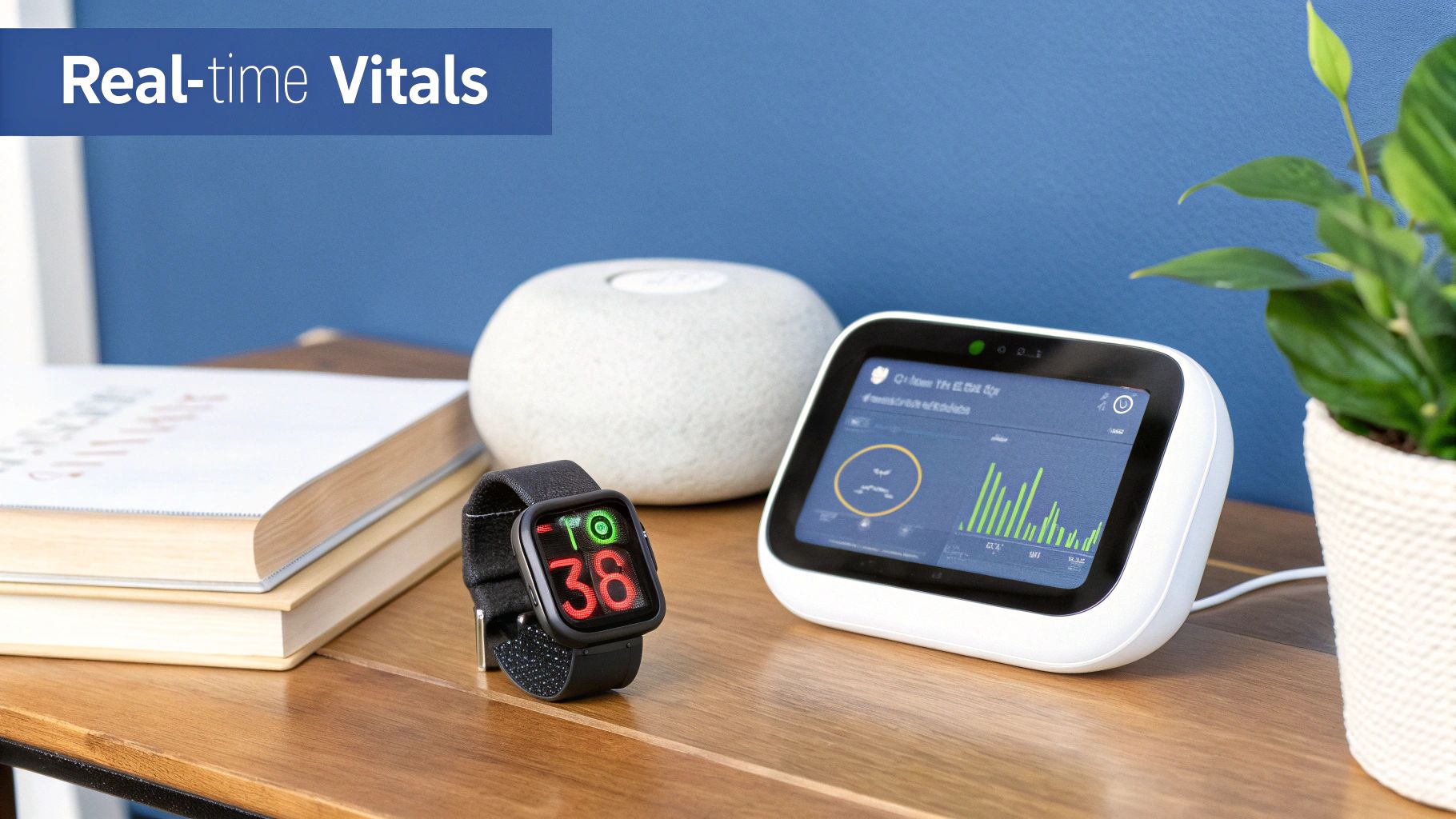 Smartwatch and smart device displaying real-time vitals data on a wooden desk with books and a plant.