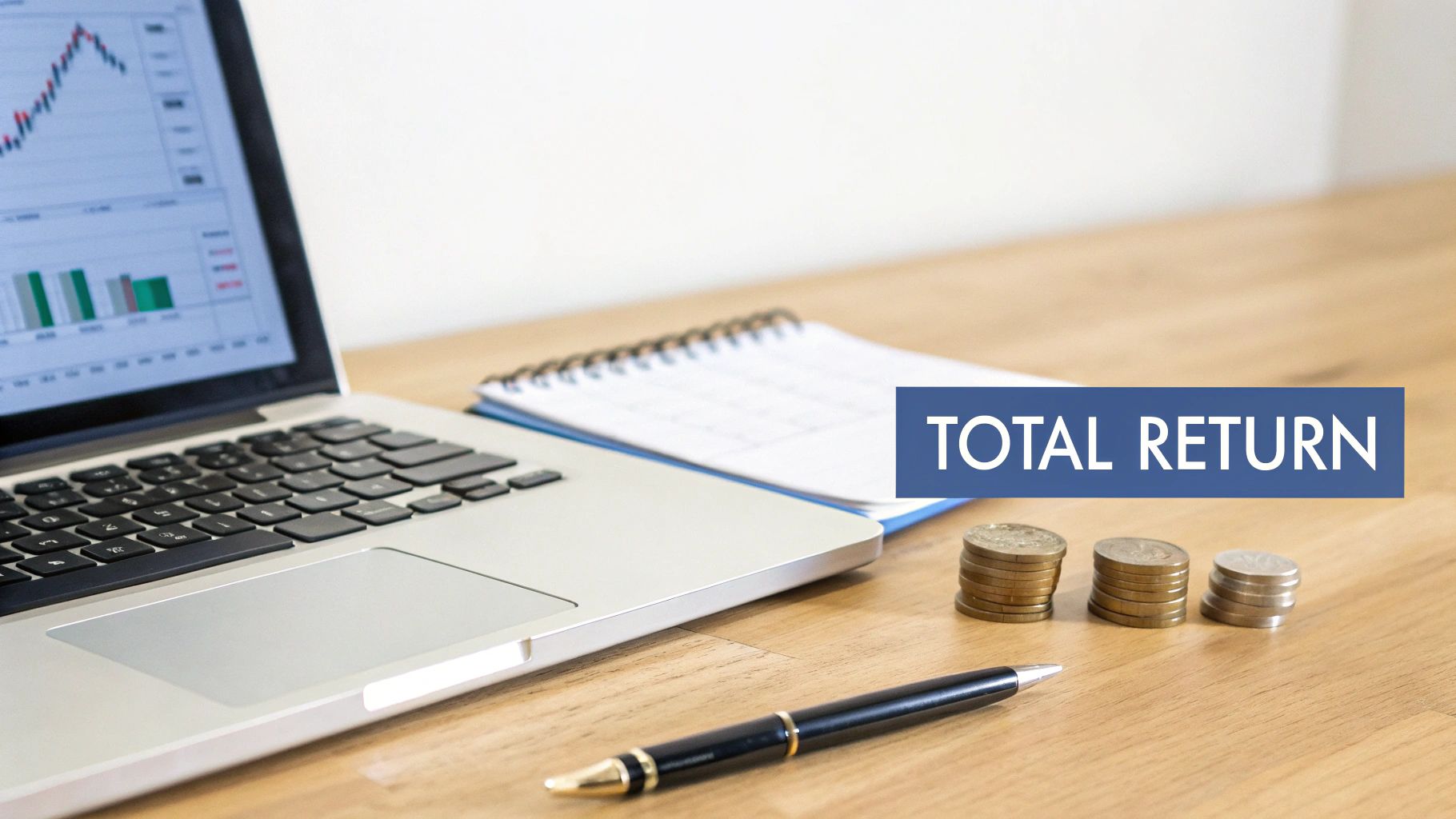 A financial workspace featuring a laptop displaying charts, coins, and a 'TOTAL RETURN' banner.