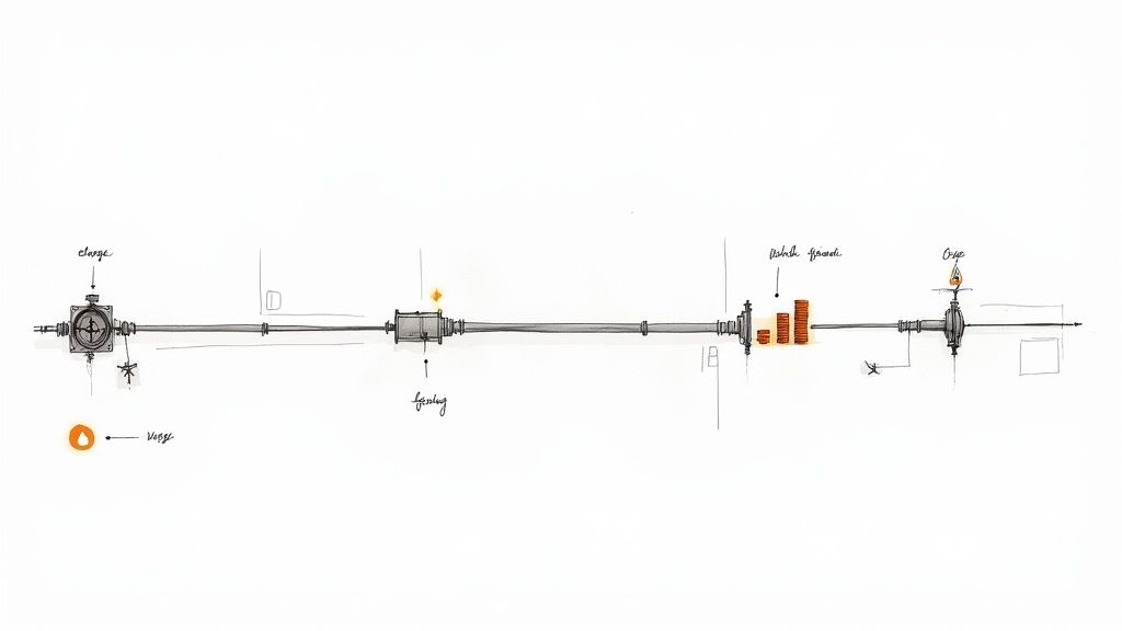 Hand-drawn schematic of a linear industrial or scientific process flow with labeled components.
