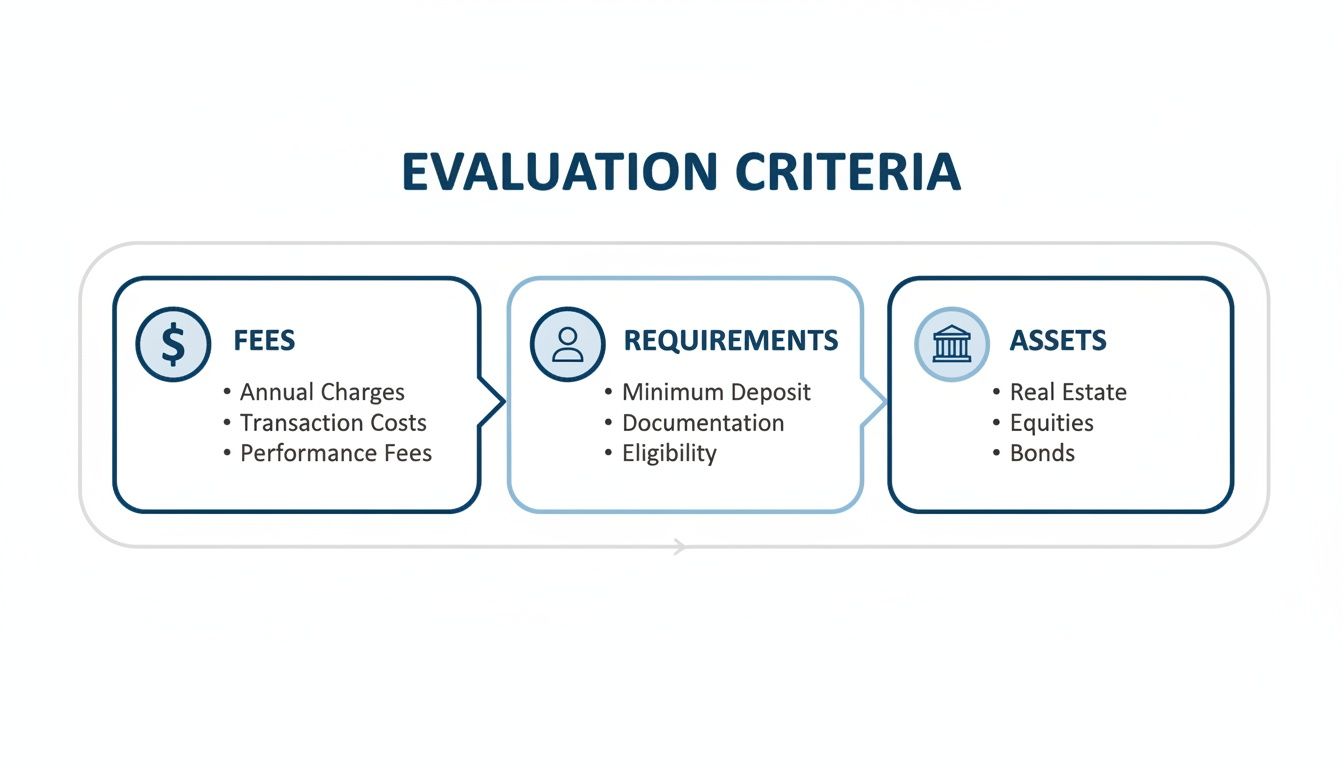Diagram showing evaluation criteria for investments, including fees, requirements, and asset types.